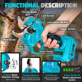 Cerycose Cordless Electric Pruning Shears Compatible with Makita 18V Battery, 1.5-2-Inch Portable Pole Pruner with LCD Display & Imported SK7 Steel Blades for Gardening Shears