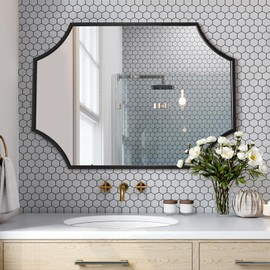 CKCY Scallop Wall Mirror, Black Bathroom Mirror 24x36 inch with Aluminium Frame, Wall-Mounted Mirror, Large Vanity Mirror, Deacor Mirror 24 x 36, Metal Mirror for Bedroom, Living Room, Entryway