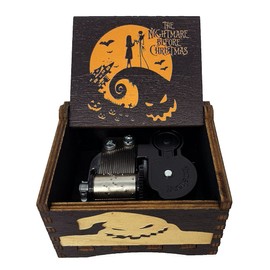 Music Box Clockwork The Nightmare Before Christmas Painted Wind Up Musical Box Laser Engraved Wood Musical Gifts for Fans (Yellow-Black-Windup)