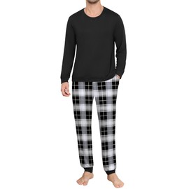 Ekouaer Mens Long Pjs Set Henley Shirts Long Sleeve Top Plaid Pyjamas Bottoms Nightwear Sleepwear Set, Black1, XXL