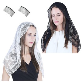 Uccellino Catholic Veil Mass with Mounting Comb No Slip Lace Worship Church Veil, multicolor (black / white)