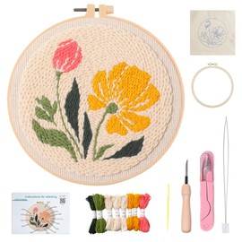 OlyPegic Punch Needle Kit for Beginners,Embroidery Starter Set with Hoop,Punch Needle,Threads and Instructions,Flowers Pattern Handcraft Embroidery Kit for Kids and Adults,20x20cm