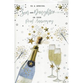 Pearl Anniversary Card for Son and Daughter-in-Law, Champagne Design with Gold Stars