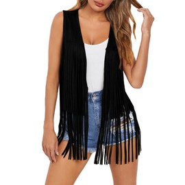 Dokotoo Womens Early Fall Fashion Cowboy Chic Outfits 70s Hippie Concert Outfits Vintage Western Cowgirl Cute Fringe Vest Tops Leather Tassel Night Out Birthday Party Jackets Clothes Black Medium
