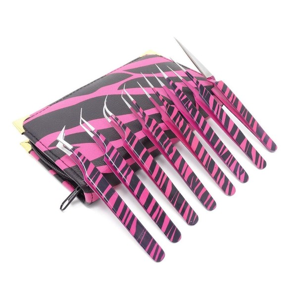 Set of 8 Piece Stainless Steel Colorful Color 3D 5D False Eyelash Extension Tweezers, Premium Quality (Pink Swirls)