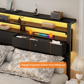 Furnulem Queen Bed Frame with Headboard & 2 Fabric Drawers, Bed Frame Queen Size Featuring LED Lights, Built-in Charging Station & Storage Shelves, Metal Slats, No Box Spring Needed – Black Oak