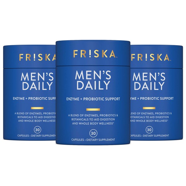 FRISKA Mens Daily | Digestive Enzyme and Probiotics Supplement | Lactase and B-Vitamins for Natural Digestion and Daily Male Health | 90 Capsules
