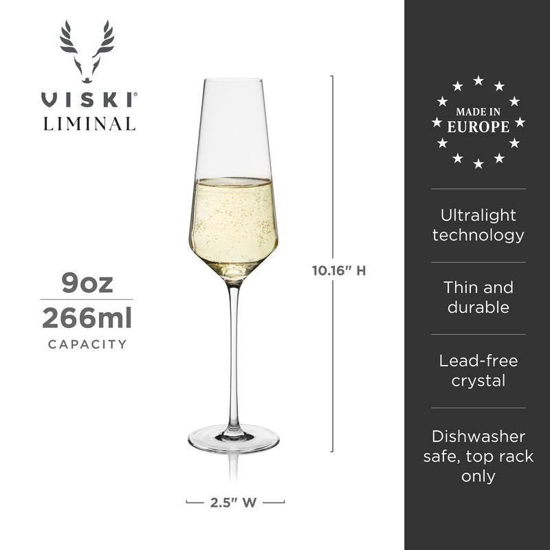 Viski Liminal Crystal Flutes, Ultrathin Clear Drinking Glasses, Thin &
