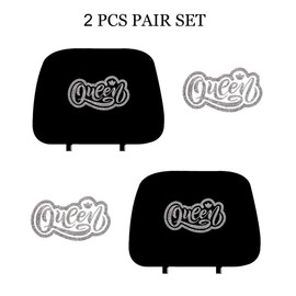 ALLBrand Universal Fit Car Truck Crystal Bling Rhinestone Studded Black Seat Headrest Covers - Pack of 2 (Queen Silver-Black)