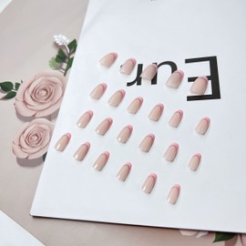 Pink French Press on Nails Almond, KXAMELIE Nude Medium Nails for Sticking Shiny Acrylic Press on Nails Gel Artificial Nails for Women and Girls Daily Use 12 Sizes 24 Pieces