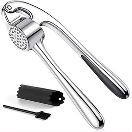 ZOHO (Canadian Brand) Garlic Press & Silicon Peeler Set with Cleaning Brush – Heavy Duty Stainless Steel Mincer with Ergonomic Handle – Easy to Use & Clean – Rust-Proof Garlic Crusher for Kitchen