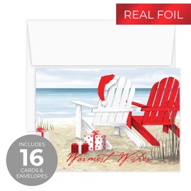 Masterpiece Beach Chairs Cards / 16 Warmest Wishes Coastal Holiday Card Set With Red Foil And White Envelopes / 5 5/8" x 7 7/8" Tropical Vacation Greeting Cards With Meaningful Inside Verse