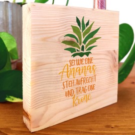Bild mit Spruch - Ananas Holzbild 11x11x2cm zum Hinstellen auf's Regal/Sideboard mit Reagenzglas - Positives Denken, Bilder Sprüche, Sprüche, Schöne Geschenke, Hygge Deko, Lebensweisheit, Bild Freund