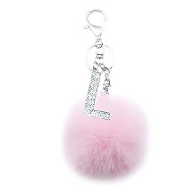 Xsclpomddy Pom Pom Pink Keychain Artificial Soft Rabbit Hair Bag Pendant Ball Key Ring with Letter A-Z for Handbag Decoration, Pink L