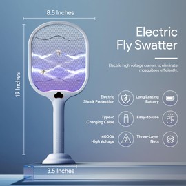 High Life USA Bug Zapper Racket Electric Fly Swatter with UV Light, USB Rechargeable Mosquito Killer Dual Modes 3 Layer Safety Mesh 2 in 1 Indoor and Outdoor Use (White)