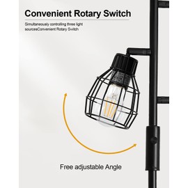 Oneach 64.25" Modern Floor Lamp for Living Room, Black Industrial Floor Lamp for Bedroom with 3X 4W LED Bulbs, 3 Light Rustic Standing Tall Lamp for Bedroom, Office