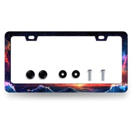 Waves Starry Sky Galaxy License Plate Frame Galaxy License Plate Holder Stainless Steel Funny Colorful Car Accessories Decoration 6.3" X 12.3" with 2 Holes Screws