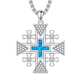 PELOVNY Jerusalem Cross Necklace 925 Sterling Silver Blue Opal Cross Pendant Necklace Religious Christian Jewelry Gifts for Women Men