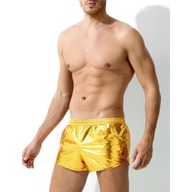 Casey Kevin Men's Metallic Shiny Boxer Shorts with Pockets Sparkly Sexy Hot Short Pants-Gold,XLarge