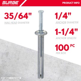 Surge BP - 1/4" x 1-1/4" MH Hammer Drive Nail in Concrete Anchor with Carbon Steel Nail | Fasteners for Concrete, Block, and Brick (100/BOX)