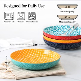 DOWAN 10" Vibrant Pasta, Salad & Soup Serving Bowls Set of 4, Embossed Large Porcelain Ceramic, Microwave & Dishwasher Safe, Bonita Design Dinnerware Dishes for Daily Dining, Family Gatherings, Party