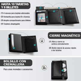 EDECOR Tarjetero de cuero,Cartera para Hombre RFID Bloqueo Antirrobo Tarjetero para Caballero Plegable,con Bolsillo de Moneda Cierre del Imán Billetera,para Efectivo y Monedas, Regalos para hombre