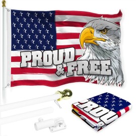 UD_G128 Combo Pack: 6 Ft Tangle Free Aluminum Spinning Flagpole (White) & American USA Proud and Free Eagle Flag Flag 3x5 Ft, Li