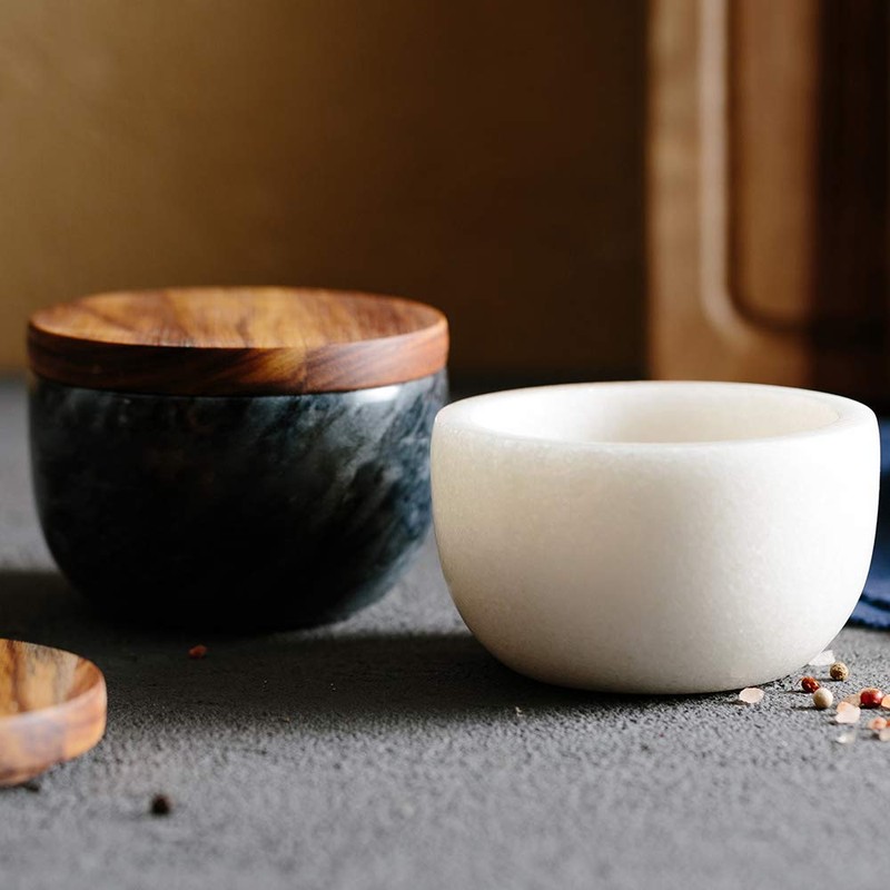 jalz jalz Salt Box White Marble Base Wood cover salt