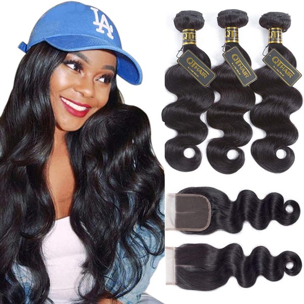 QTHAIR 12A Brazilian Body Wave Hair with 4x4 Middle Part Lace Closure(18 20 22 with 16 inch) Brazilian Virgin Hair Body Wave with Swiss Lace Closure Natural Color