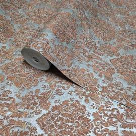 Steel Gray Bronze Copper Metallic Victorian Damask Faux Fabric Texture Wallpaper