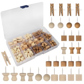133pcs Wooden Push Pins with Storage Box, Thumbtacks Clip Thumbtacks Round Head Thumbtacks Hook Type Thumbtacks Pin Board Needle for Office School Home, 6 Styles