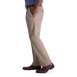 Haggar mens Iron Free Premium Khaki Classic Fit Pleat Front Expandable Waist Casual Pants, Medium Khaki, 40W x 30L US