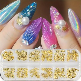 Gold Nail Charms Summer Ocean Nail Gems 3D Metallic Sun Flower Seahorse Jellyfish Starfish Nail Rhinestones Alloy Nail Jewels for Women DIY Manicure Decoration Accessories