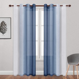 DWCN Blue Ombre Faux Linen Sheer Curtains - Extra Long Gradient Semi Voile Grommet Top Bedroom and Living Room Curtains, 52 x 102 Inches Long, Set of 2 Window Curtain Panels, Denim Blue