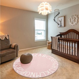 Topotdor Round Kids Play Rug Alphabet Nursery Area Rug Extra Large Soft Crawling Play Mat for Children Toddlers Bedroom (47 inch, Pink)