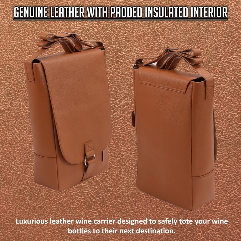 Primeware Vino2 Two Bottles Saddle Leather Wine Tote Messenger Carrier