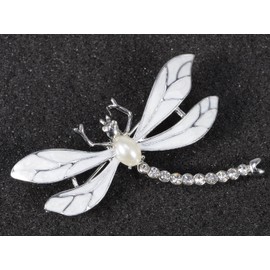 Alilang Womens Silvery Tone Faux Pearl Clear Rhinestones White Dragonfly Brooch Pin