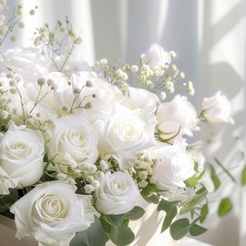 BLEUM CADE 100 Pcs White Roses Artificial Flowers, Real Touch Velvet Roses Fake Flowers Bulk, Artificial Roses Bouquet with Long Stems for Bridal DIY Wedding Party Centerpiece Decorations