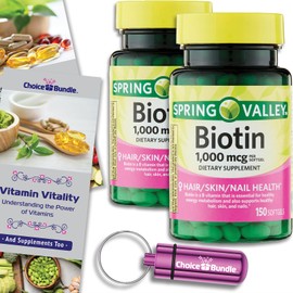 ChoiceBundle Spring Valley Biotin Softgels 1000mcg Dietary Supplement for Hair Skin Nail Health 150 Ct 2 pk Choice Bundle (300 Total) + Vitamin Guide & Pill Container (4 Items)!