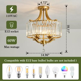 Piepooye Modern Crystal Chandelier 4 Lights Gold Semi Flush Mount Ceiling Light Fixture E12 Metal Farmhouse Chandelier for Dining Room Living Room Bedroom Entryway Hallway Kitchen