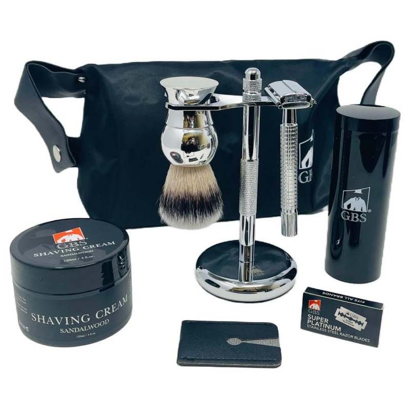 3 Piece Shave Set -- Safety Razor+ Chrome Pure Badger