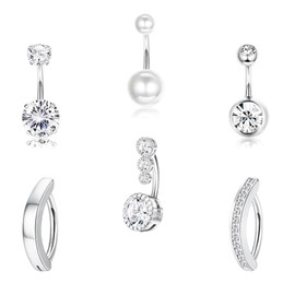 CocCCoon 6PCS Belly Button Bars Silver Silver Belly Button Bars Belly Button Rings 14G Navel Bars Belly Button Rings for Women Girls Clicker Belly Button Rings