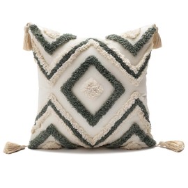 YULUOSHA Decorative Boho Cushion Cover, Boho Cushion Beige Decorative Cotton Decorative Cushion Morocco Tufted Cushion Cover Tassel for Sofa Bedroom Living Room Decor (1, Green, 45 x 45 cm)