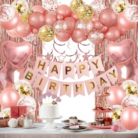 Birthday Party Decorations, Happy Birthday Banner, Fringe Curtain, Heart Star Foil Confetti Balloons, Hanging Swirls for Women Girls Birthday Princess Party (Rosegold)