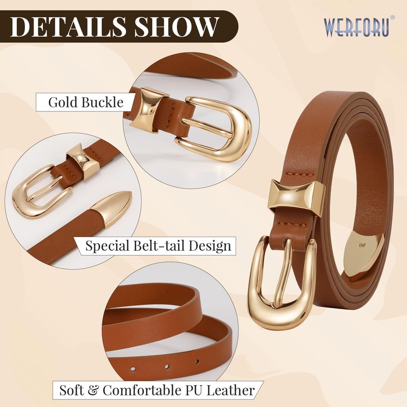 WERFORU Women Leather Belt Fashion Ladies Skinny Belt Gold Buckle