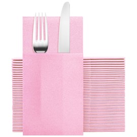 Goldclean Pink Napkins Hand Towels Disposable, Linen-Feel Dinner Napkins with Prefolded Built-in Flatware Pocket, Guest Paper Hand Towels For Wedding, Dinner Or Party (16x16in, 50Pack）