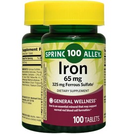 Spring Valley Iron Supplement for Iron Deficiency, 65 mg, Vegan, Halal, 100 Tablets