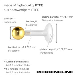 PIERCINGLINE PTFE Labret with Internal Thread, Titanium Ball Attachment, Piercing, Lip, Nose, Ear, Helix, Choice of Colours and Sizes, PTFE / titanium (grade 23)