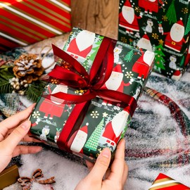 MAYPLUSS Christmas Wrapping Paper Roll, Reversible Green Santa Wrapping Paper, Christmas Tree,Snowman Holiday Gift Wrap with Metallic Foil Shine, Festive Gift Packaging (Mini Roll, 17 Inch X 33 Feet)