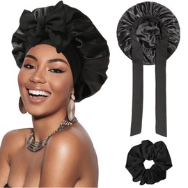 ANGELEMM Silk Hair Bonnet for Sleeping - Black Satin Bonnet for Curly Hair, Soft Breathable Satin Sleep Silk Bonnet with Tie, Silk Hair Wrap Caps for Women Sleeping